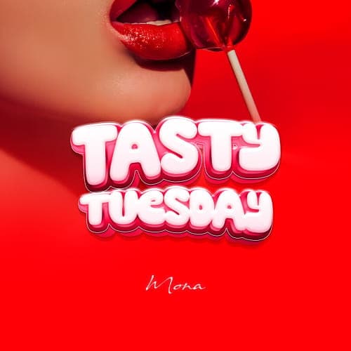 Close-up of glossy red lips and a red lollipop on a red background, with a bubbly white title